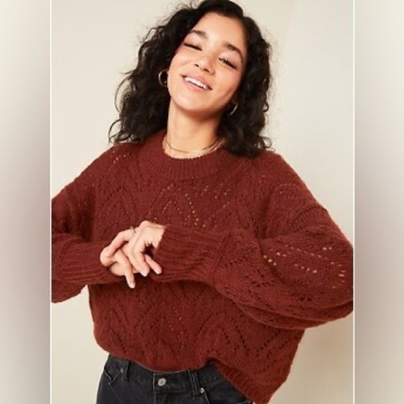 Old Navy Cozy Pointelle-Knit Crew-Neck Sweater Burgundy Size Extra Large - Picture 1 of 10